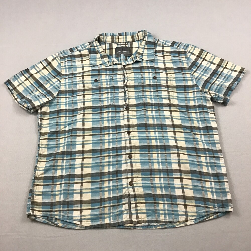 Royal Robbins Shirt Men 2XL Blue Plaid Button Up Short Sleeve Hiking Outdoor XXL